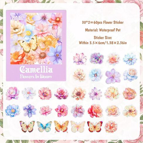 60Pcs Glitter Flower Stickers, Holographic Nature Flower Sticker, Waterproof Decorative Floral & Buttefly Decals for Journal, Scrapbooking & Planners, Stickers Floral for Crafts Photo Album Decor in Saudi Arabia