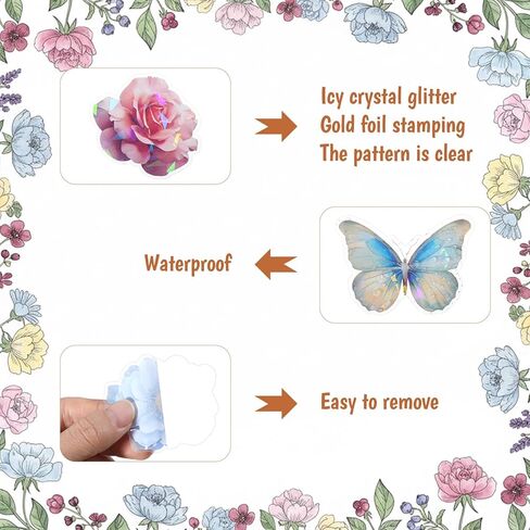60Pcs Glitter Flower Stickers, Holographic Nature Flower Sticker, Waterproof Decorative Floral & Buttefly Decals for Journal, Scrapbooking & Planners, Stickers Floral for Crafts Photo Album Decor in Saudi Arabia