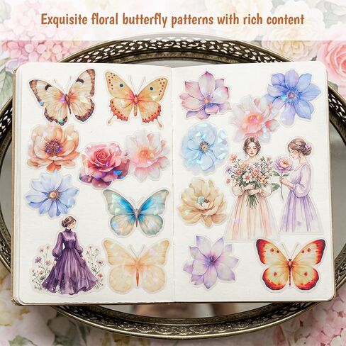 60Pcs Glitter Flower Stickers, Holographic Nature Flower Sticker, Waterproof Decorative Floral & Buttefly Decals for Journal, Scrapbooking & Planners, Stickers Floral for Crafts Photo Album Decor in Saudi Arabia