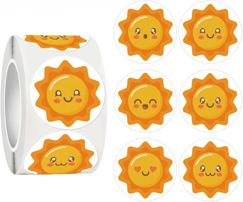 500PCS Cute Sun Stickers Roll, 1 Inch Round Cartoon Labels, Happy Face Sun Stickers for Kids, Suns Decorations for Birthday Party Favors, Classroom Rewards, Scrapbooking, Party Favors, Craft Supplies in Saudi Arabia
