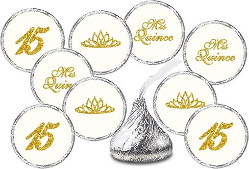 Mis Quince Birthday Gold Kisses Stickers, (Set of 216), Quinceanera Chocolate Drops Labels, Sweet 15 Party Decoration Favors Decor for Kisses. Made in USA. in Kuwait