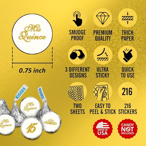 Mis Quince Birthday Gold Kisses Stickers, (Set of 216), Quinceanera Chocolate Drops Labels, Sweet 15 Party Decoration Favors Decor for Kisses. Made in USA. in Kuwait
