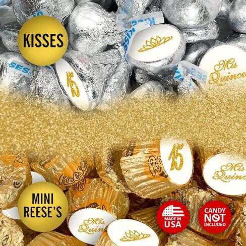 Mis Quince Birthday Gold Kisses Stickers, (Set of 216), Quinceanera Chocolate Drops Labels, Sweet 15 Party Decoration Favors Decor for Kisses. Made in USA. in Kuwait