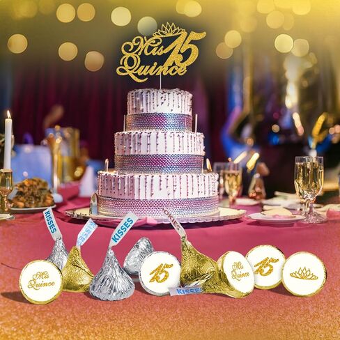 Mis Quince Birthday Gold Kisses Stickers, (Set of 216), Quinceanera Chocolate Drops Labels, Sweet 15 Party Decoration Favors Decor for Kisses. Made in USA. in Kuwait