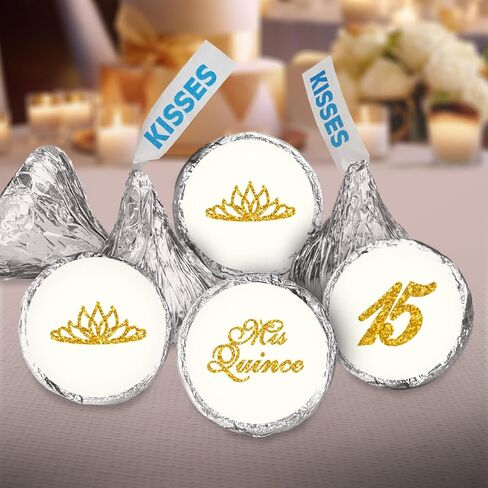 Mis Quince Birthday Gold Kisses Stickers, (Set of 216), Quinceanera Chocolate Drops Labels, Sweet 15 Party Decoration Favors Decor for Kisses. Made in USA. in Kuwait