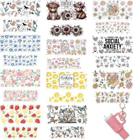 42pcs Cherry Shell Sun Full Cups MINI UV DTF Keychain Wrap Ghost Bow Book Sunflower Coffee mini uvdtf Packaging for 40oz Tumbler Key Pendant Cake Happy Heart Butterfly Howdy Strawberry Cow Watermelon in Saudi Arabia