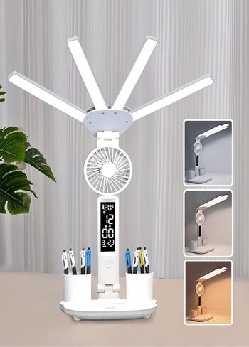 6-in-1 Led Desk Lamp Adjustable Foldable Table Lamp with Fan, Clock, Dates, Temperature, Pen Holder, 3 Color & Stepless Dimming, Reading Lamp for Study Table Work Office in Saudi Arabia