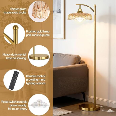 Gold Floor Lamp for Living Room, Dimmable Mid Century Modern Standing Lamp with Remote Control and Amber Glass Shade, 68" Tall Lamp for Bedroom, Vintage Retro Antique Glass Flower Lamp, Brushed Gold in Saudi Arabia