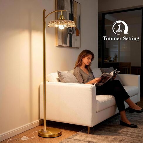Gold Floor Lamp for Living Room, Dimmable Mid Century Modern Standing Lamp with Remote Control and Amber Glass Shade, 68" Tall Lamp for Bedroom, Vintage Retro Antique Glass Flower Lamp, Brushed Gold in Saudi Arabia