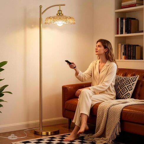 Gold Floor Lamp for Living Room, Dimmable Mid Century Modern Standing Lamp with Remote Control and Amber Glass Shade, 68" Tall Lamp for Bedroom, Vintage Retro Antique Glass Flower Lamp, Brushed Gold in Saudi Arabia