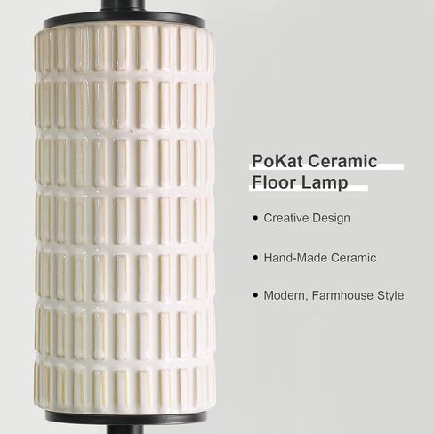 PoKat Farmhouse Floor Lamp for Living Room with Ceramic, 64" Black Standing Lamps for Living Room Corner, Modern Tall Floor Lamps for Bedroom, Sofa, Reading Nock, Rotary Switch, Matte Black in Saudi Arabia
