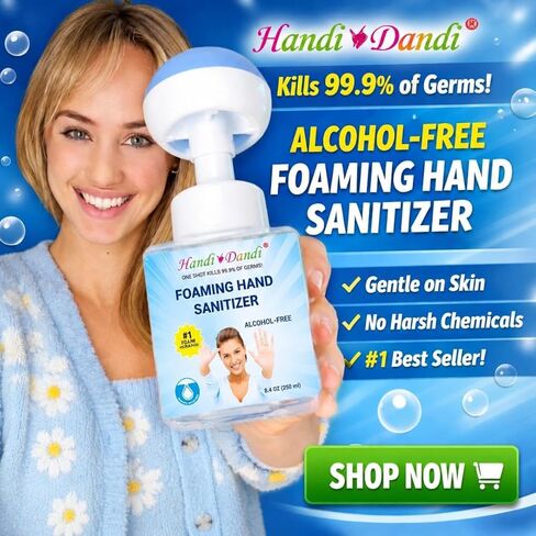 MOISTURIZNG ALCOHOL-FREE FOAMING HAND SANITIZER w/FLOWER PUMP TOP, Kills 99.9% Of Germs On Hands, Made in the USA in Saudi Arabia