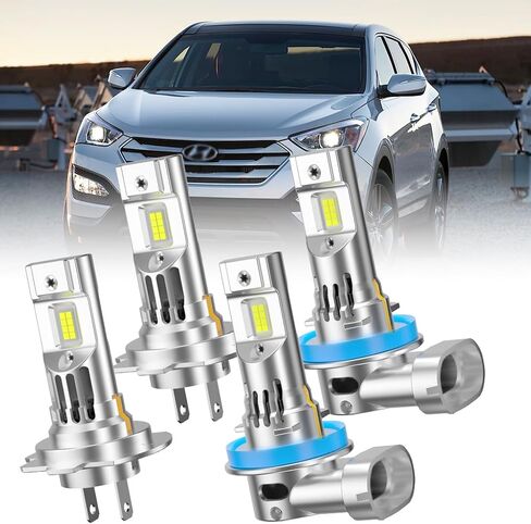 LED Headlight Bulbs for Hyundai Santa Fe Sport 2013 2014 2015 2016, H7 High Beam and H11 Low Beam, 6000K White, Plug and Play with Cooling Fan, 4-Pack in Kuwait