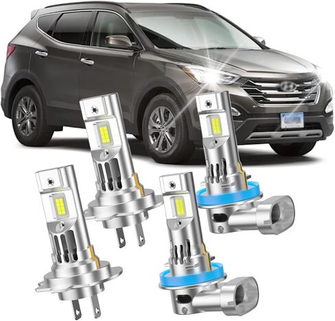 LED Headlight Bulbs for Hyundai Santa Fe Sport 2013 2014 2015 2016, H7 High Beam and H11 Low Beam, 6000K White, Plug and Play with Cooling Fan, 4-Pack in Kuwait