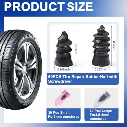 61PCS Tire Repair Rubber Nail Kit with Screwdriver, Screw In Tire Plugs Vacuum Tire Puncture Quick Fix Tool, Self Tapping Rubber Screw Plugs for Car Motorcycle Truck Flat Tire Emergency Repair in Saudi Arabia