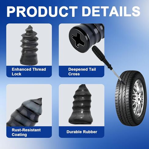 61PCS Tire Repair Rubber Nail Kit with Screwdriver, Screw In Tire Plugs Vacuum Tire Puncture Quick Fix Tool, Self Tapping Rubber Screw Plugs for Car Motorcycle Truck Flat Tire Emergency Repair in Saudi Arabia