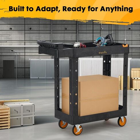 ELAFROS 2-Tier Utility Cart with Deep Shelves, Ergonomic Handle, 5" All-Swivel Wheels (2 with Brakes), Heavy Duty Rolling Cart Holds 550 lbs, 41.3 x 16.8 x 40.9 in in Kuwait