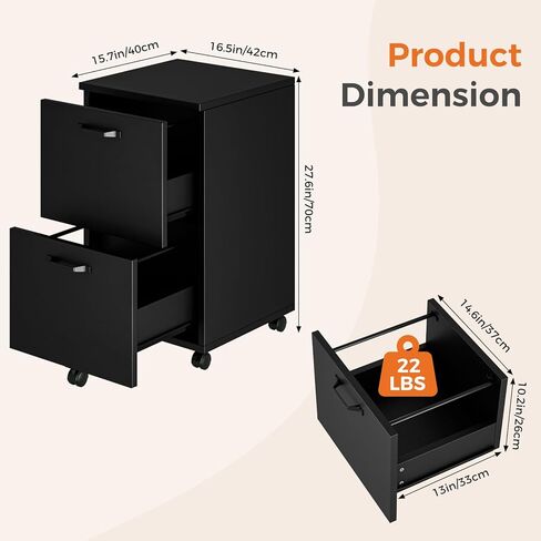 Sweetcrispy 2 Drawer Filing Cabinet Black, Rolling Wood File Cabinets, Home Office Organizer, Under Desk Storage Lockable Wheels, Printer Stand, Storage Cabinet, Black in Saudi Arabia