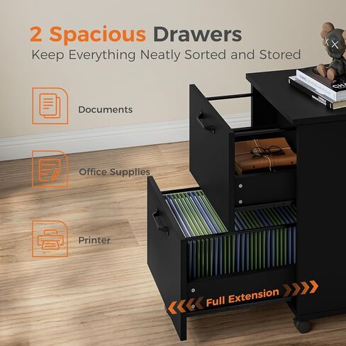 Sweetcrispy 2 Drawer Filing Cabinet Black, Rolling Wood File Cabinets, Home Office Organizer, Under Desk Storage Lockable Wheels, Printer Stand, Storage Cabinet, Black in Saudi Arabia