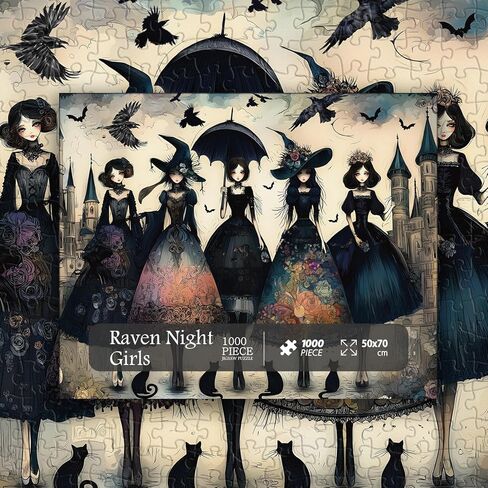 Raven Night Jigsaw Puzzle 1000 Pieces, Hard Puzzles for Adults Gothic Woman, Vintage Art Hard Impossible Puzzle as Scary Halloween Decor in Saudi Arabia