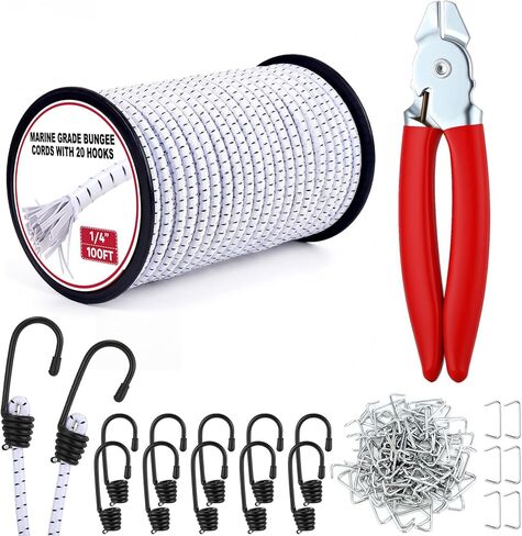 Marine 100 ft Marine Grade Bungee Cord Roll with 20 Hooks Hog Ring Pliers Kit Elastic Shock Cord for Kayak Decks Camping Tarp Binding Bicycle Racks Pet Cages and DIY Projects(Black and White) in Saudi Arabia