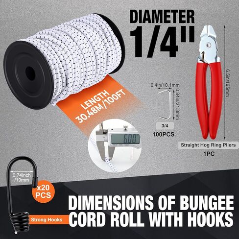 Marine 100 ft Marine Grade Bungee Cord Roll with 20 Hooks Hog Ring Pliers Kit Elastic Shock Cord for Kayak Decks Camping Tarp Binding Bicycle Racks Pet Cages and DIY Projects(Black and White) in Saudi Arabia