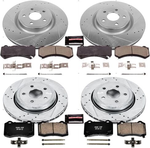 طقم فرامل أمامية وخلفية PowerStop لسيارة جيب جراند شيروكي 2012-17 - دوارات قرصية محفورة ومشقوقة مع استبدال وسادات الفرامل المصنوعة من السيراميك من ألياف الكربون، K5958 in Kuwait