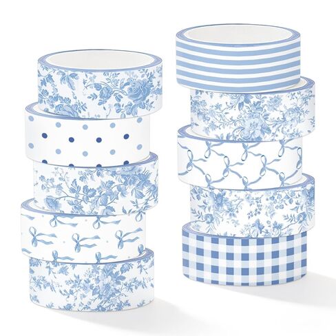 Whaline 10 Rolls Blue Bow Flower Washi Tape Masking Tape Chinoiserie Floral Plaid Stripe Dot Paper Wrapping Tapes for DIY Crafts Scrapbook Journal Planner Wrapping Supplies, 164 Ft in Kuwait