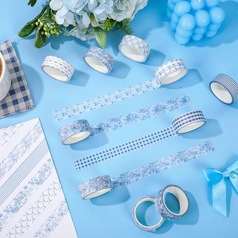 Whaline 10 Rolls Blue Bow Flower Washi Tape Masking Tape Chinoiserie Floral Plaid Stripe Dot Paper Wrapping Tapes for DIY Crafts Scrapbook Journal Planner Wrapping Supplies, 164 Ft in Kuwait