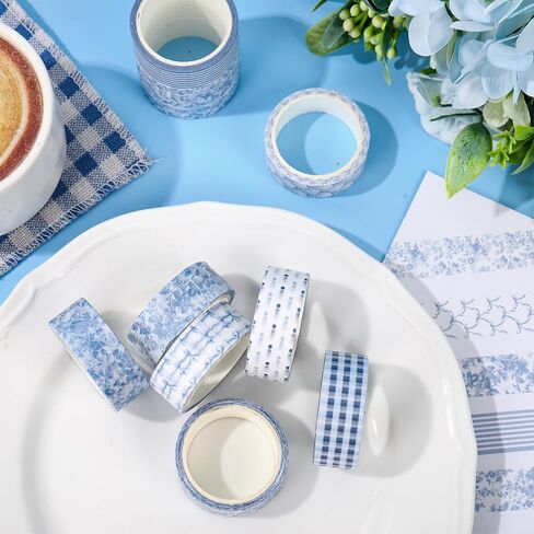 Whaline 10 Rolls Blue Bow Flower Washi Tape Masking Tape Chinoiserie Floral Plaid Stripe Dot Paper Wrapping Tapes for DIY Crafts Scrapbook Journal Planner Wrapping Supplies, 164 Ft in Kuwait