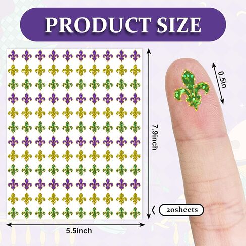 JarThenaAMCS 2400 Pcs Mardi Gras Mini Stickers Purple Yellow Green Sparkly Laser Fleur De Lis Self-Adhesive Sticker Decals for Envelope Journal Decor Carnival Party Supplies, 0.5 Inch in Kuwait