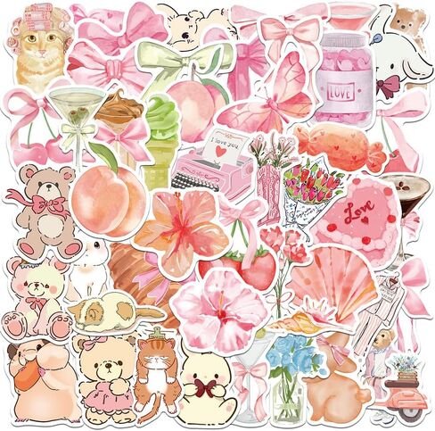 200 PCS Coquette Stickers, Pink Aesthetic Waterproof Vinyl Stickers, Cute Bow Flower Bear Bunny Dessert Decals for Laptop Water Bottle Luggage DIY Craft in Kuwait