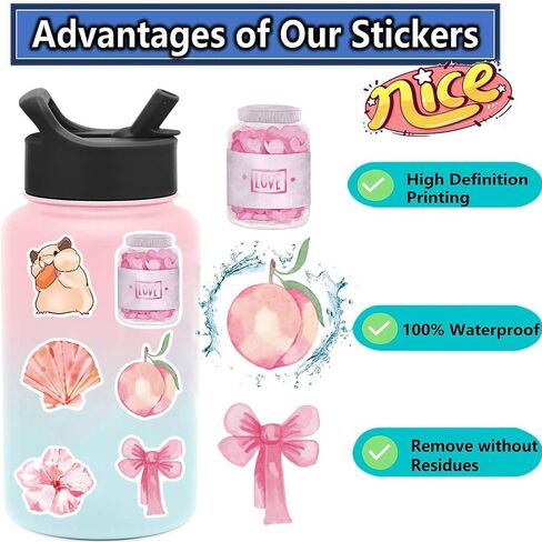 200 PCS Coquette Stickers, Pink Aesthetic Waterproof Vinyl Stickers, Cute Bow Flower Bear Bunny Dessert Decals for Laptop Water Bottle Luggage DIY Craft in Kuwait