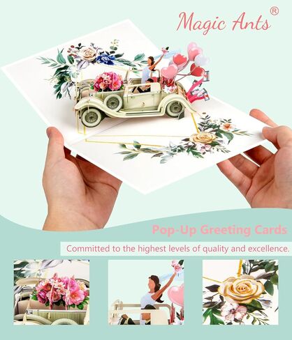 Magic Ants Just Married 3D Pop Up Wedding Card, Vintage Car with Floral Watercolor Cover, Romantic Card for Bride and Groom, Engagement, Bridal Shower, Newlyweds, Wedding Congratulations in Saudi Arabia