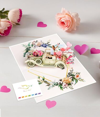 Magic Ants Just Married 3D Pop Up Wedding Card, Vintage Car with Floral Watercolor Cover, Romantic Card for Bride and Groom, Engagement, Bridal Shower, Newlyweds, Wedding Congratulations in Saudi Arabia