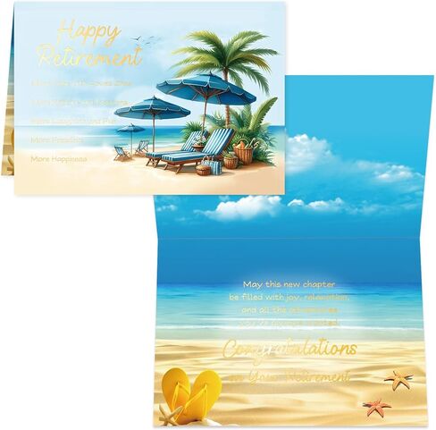 ceiba tree Happy Retirement Card with Envelope 5 x 7 inch Message Inside 1 Pcs Gold Foil Beach Design in Kuwait