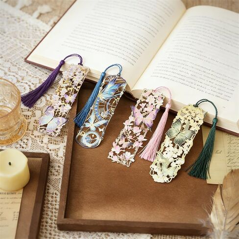 4Pcs Chinese Floral Butterfly Bookmark Set Hollow Flower Bookmarks with Tassels Aesthetic Reading Bookmarkers for Books Fancy Metal Bookmark Cute Book Marks Pretty Bookmarks for Women Book Lovers in Saudi Arabia