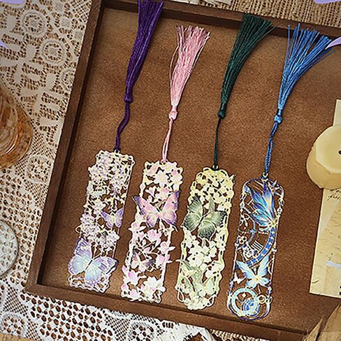 4Pcs Chinese Floral Butterfly Bookmark Set Hollow Flower Bookmarks with Tassels Aesthetic Reading Bookmarkers for Books Fancy Metal Bookmark Cute Book Marks Pretty Bookmarks for Women Book Lovers in Saudi Arabia