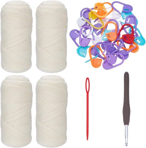 FREEBLOSS 4 Rolls White T-Shirt Yarn 800g/306.2 Yards Elastic T Shirt Yarn for Crocheting Bags Baskets Slippers Coasters with Crochet Hook Markers and Plastic Needle in Kuwait