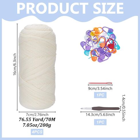 FREEBLOSS 4 Rolls White T-Shirt Yarn 800g/306.2 Yards Elastic T Shirt Yarn for Crocheting Bags Baskets Slippers Coasters with Crochet Hook Markers and Plastic Needle in Kuwait