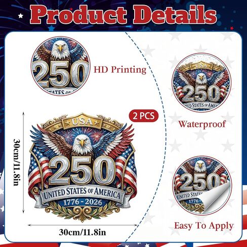 250th Anniversary USA Car Decal Sticker - 2Pcs America 250 Patriotic Stickers 1776-2026 America 250 Years Sticker 4th of July Back Window Decals for Trucks, Car, Pickup in Saudi Arabia