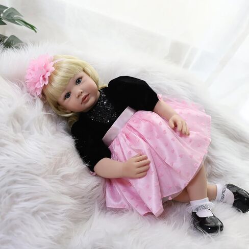 Toddler Reborn Doll Girl Princess with Curly Blonde Hair 24 Inch 60cm Real Life Looking DollsVinyl Limbs & Cloth Body Feeding Kit Toys Birth Certificate Accessories Gifts Age 14+ in Saudi Arabia