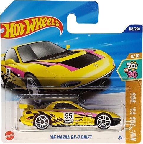 العجلات الساخنة - ´95 Mazda RX-7 Drift - HW: ´70s مقابل ´90s 9/10 - HYY95 - بطاقة قصيرة - أصفر - Mattel 2025-1:64 in Kuwait