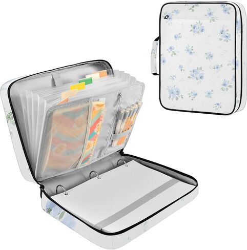 ALAZA Blue Flowers Small Floral White 3 Ring Binder Bag with 7-Pocket Accordion File Organizer, Letter Size, Expandable Filing Folder Portfolio & Case Ring Binders in Kuwait