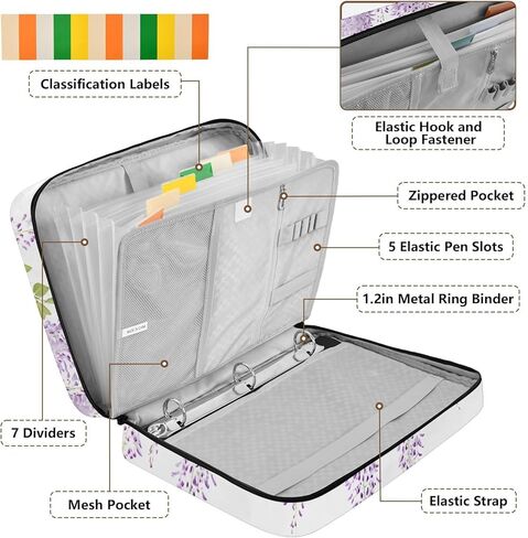 ALAZA Purple Lavender 3 Ring Binder Bag with 7-Pocket Accordion File Organizer, Letter Size, Expandable Filing Folder Portfolio & Case Ring Binders in Kuwait