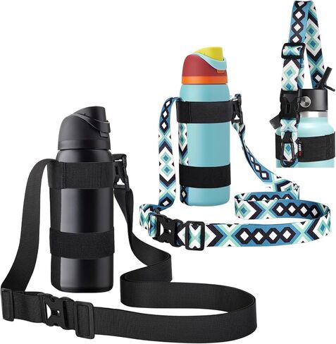 2pcs Water Bottle Holder with Strap, Handle Strap Sling with Adjustable Shoulder Strap & Carabiner 12oz-24oz for Hydro Flask Water Bottle Sports Gym Hiking Camping Walking(Black/Geometric) in Saudi Arabia
