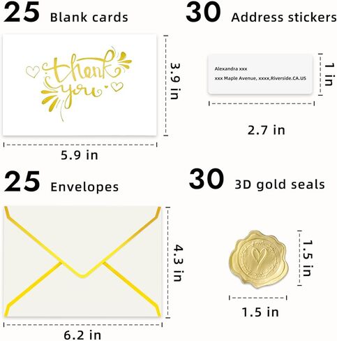 Gold Foil Thank You Cards with Envelopes, 110pcs Bulk Set(25 Pack), 350GSM Heavy Duty Thank You Notes with Matching Stickers & Address Labels for Wedding, Small Business,Bridal Shower, Customer Appreciation in Kuwait