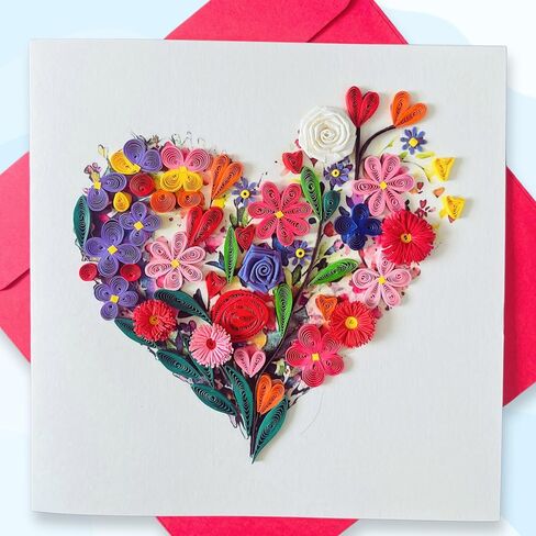 Quilling Cards, handmade card, quilled cards with Handmade Art Quilling birthday card for women, Birthday card, mother... colorful heart design (Flowers Heart 1) in Saudi Arabia
