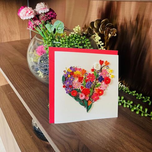 Quilling Cards, handmade card, quilled cards with Handmade Art Quilling birthday card for women, Birthday card, mother... colorful heart design (Flowers Heart 1) in Saudi Arabia