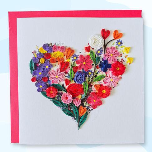 Quilling Cards, handmade card, quilled cards with Handmade Art Quilling birthday card for women, Birthday card, mother... colorful heart design (Flowers Heart 1) in Saudi Arabia